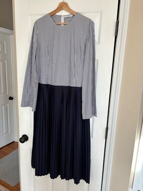 Vivetta Striped Pleated Long Sleeve Midi Dress in Navy Blue, Size 44/US 8